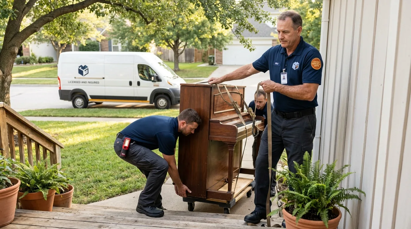 Licensed piano movers securing grand piano in Mont Vernon, NH