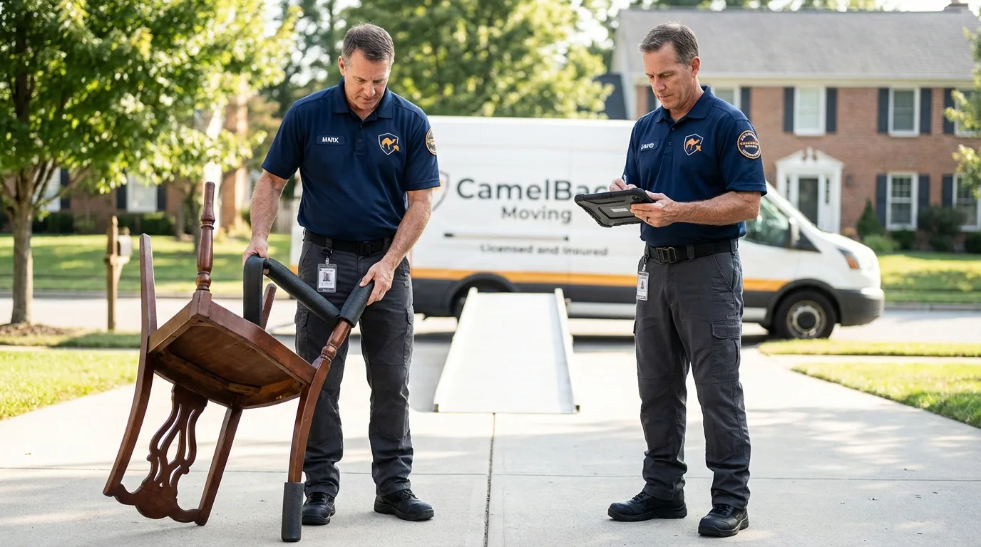 Movers inspecting furniture for damage prevention before loading in Mont Vernon, NH