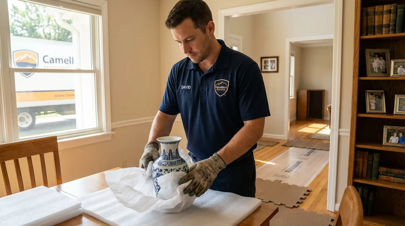 Professional crew carefully wrapping antique vase for senior downsizing move in Mont Vernon, NH