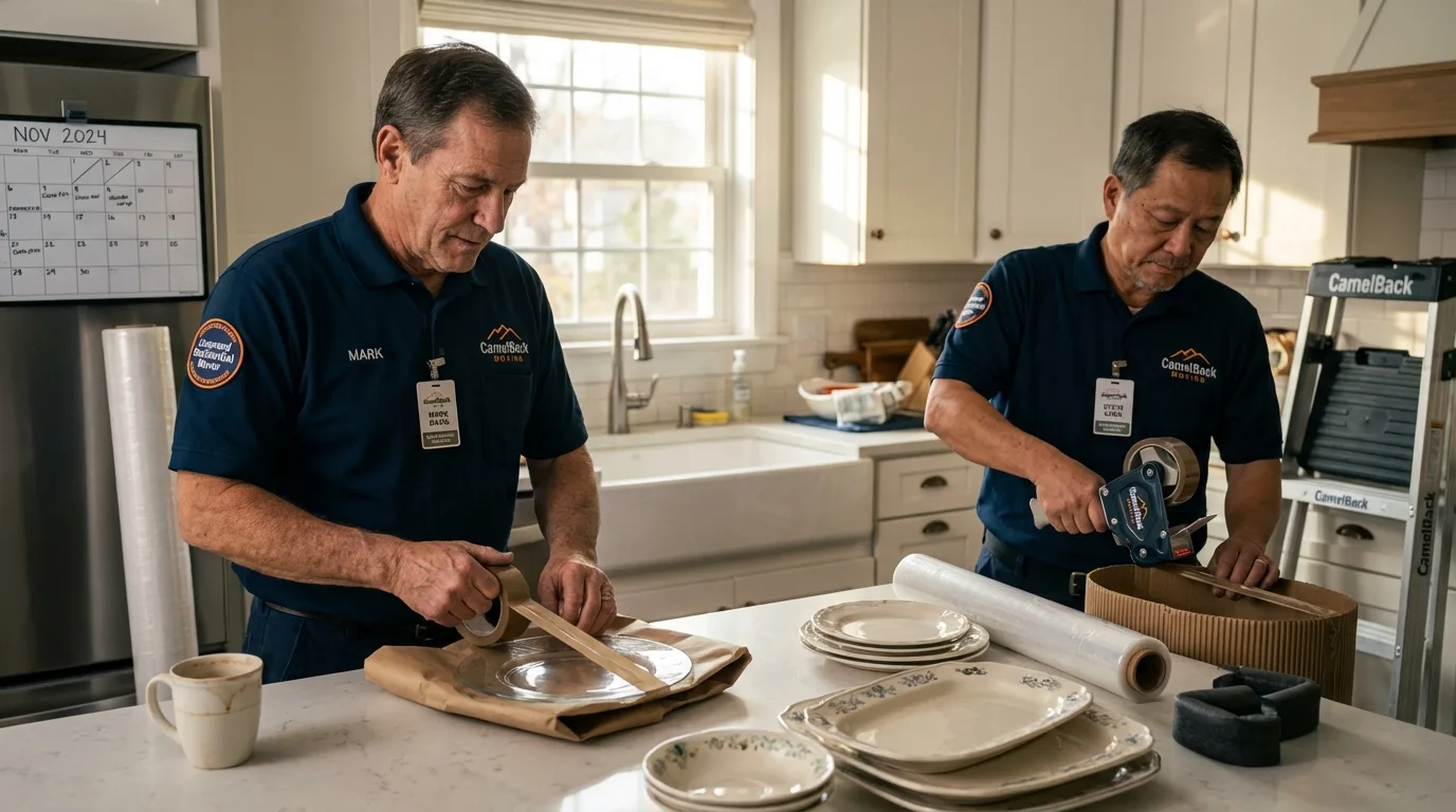 Professional crew packing kitchen dishware in Mont Vernon, NH